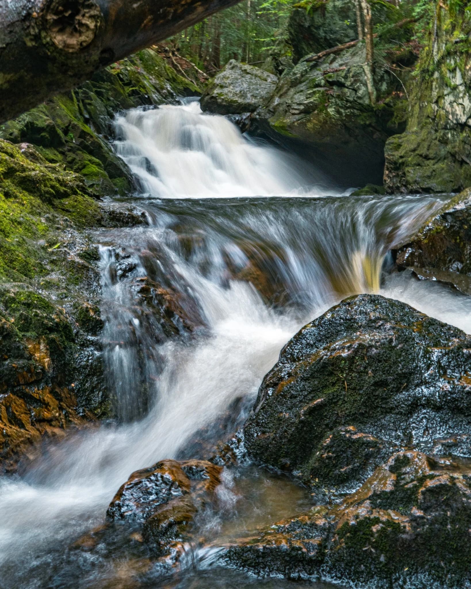 Long-exposure waterfall flowing through moss-covered rocks in a shaded forest