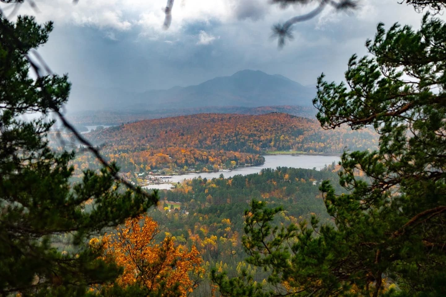 Foggy autumn mountains and lake